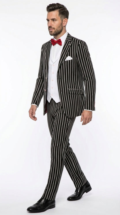 Men’s Black 1920s Bold Pinstripe Gangster Suit with Vest, Vintage Formal Party Dress Suit