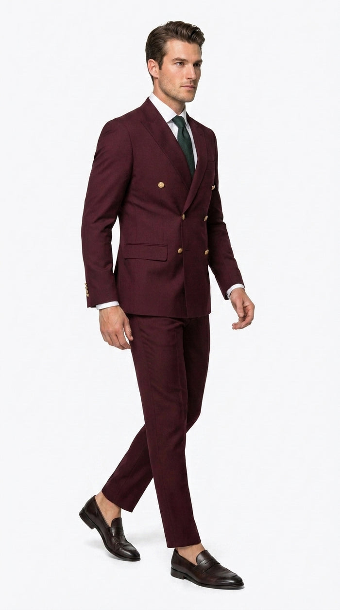 Men’s Burgundy Slim Fit Double Breasted Suit with Gold Buttons, Designer Formal Wedding Suit