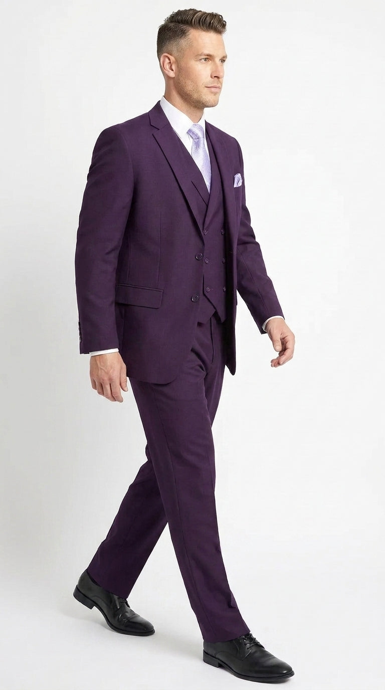Men’s Purple Two Button Fashion Suit with Double Breasted Vest, Formal Wedding Prom Dress Suit