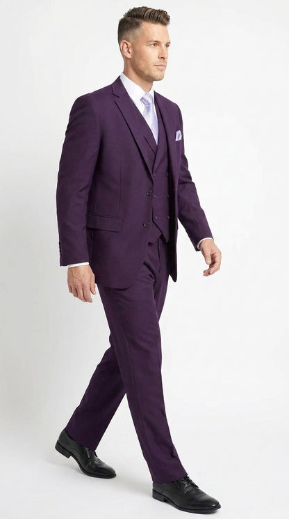 Men’s Purple Two Button Fashion Suit with Double Breasted Vest, Formal Wedding Prom Dress Suit