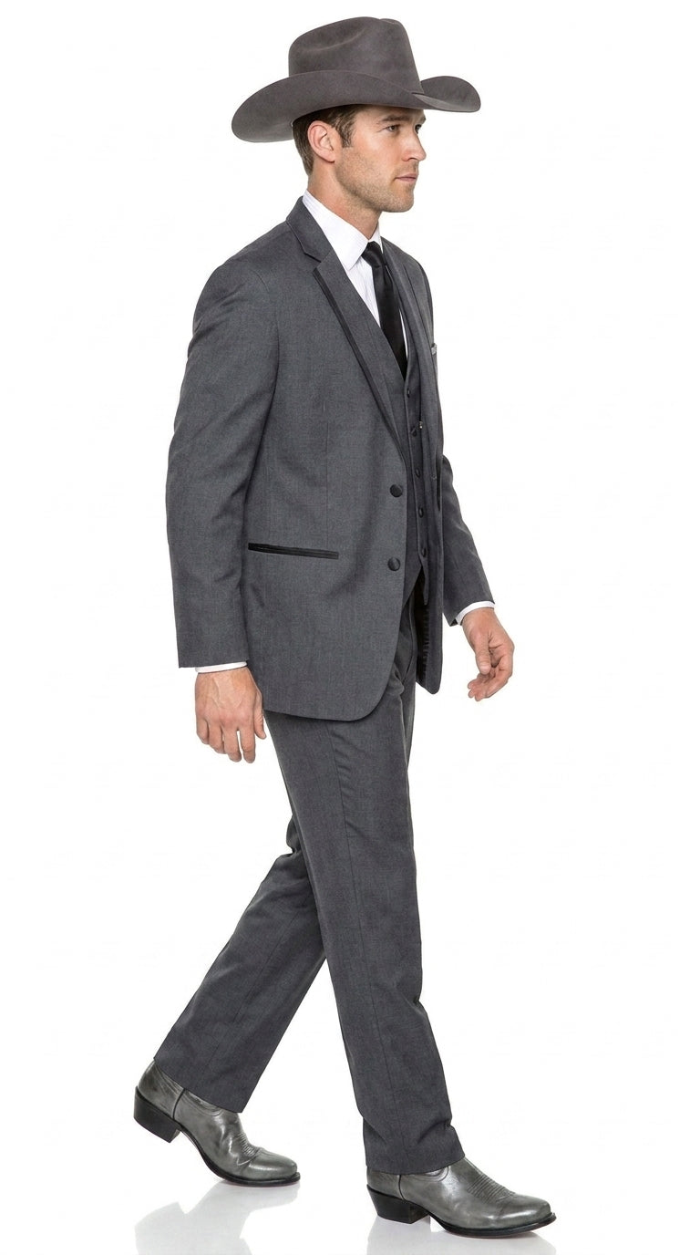 Men’s Charcoal Gray Western Tuxedo Suit, Cowboy Formal Trim Collar Jacket and Pants