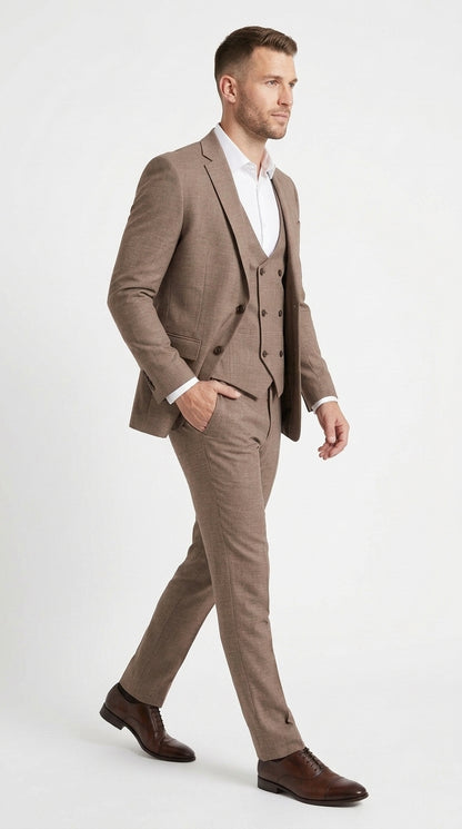 Men’s Dark Tan Mocha 3 Piece Wedding Suit, Double Breasted Vest Formal Groom and Groomsmen Suit