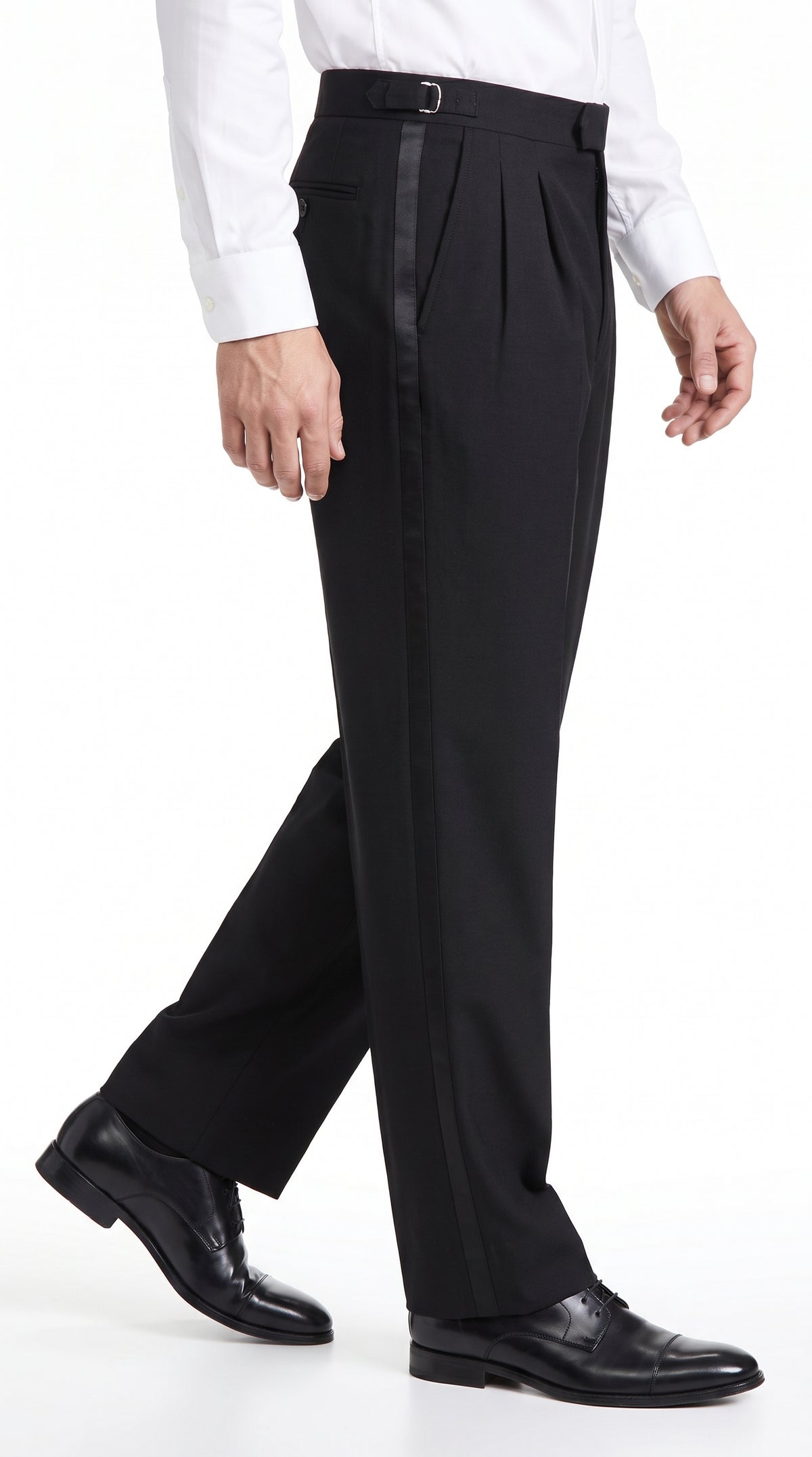 Men’s Black Super 100s Wool Tuxedo Pants, Double Pleated Formal Dress Pants with Unhemmed Bottoms