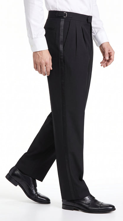 Men’s Black Super 100s Wool Tuxedo Pants, Double Pleated Formal Dress Pants with Unhemmed Bottoms