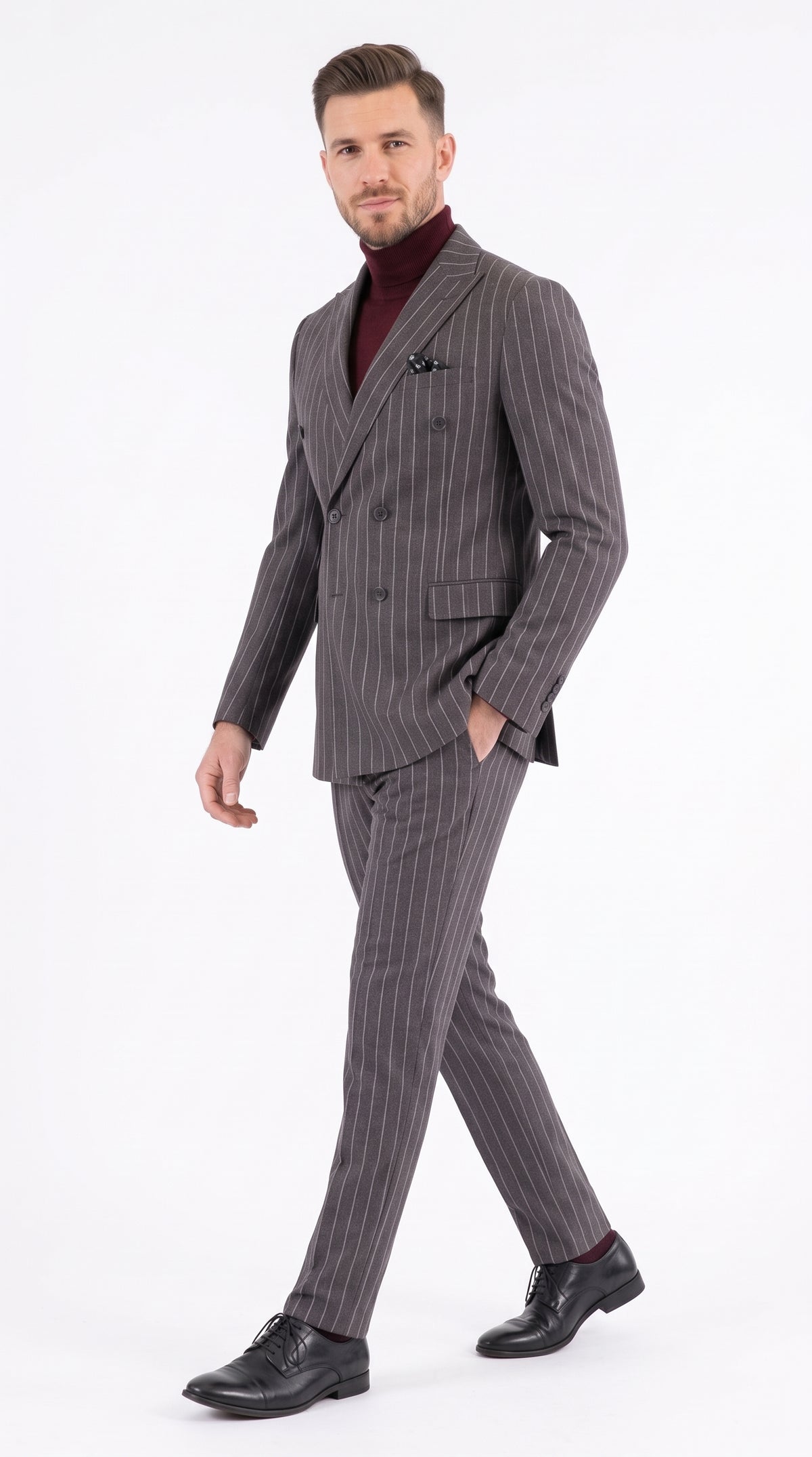 Newbury Men’s Gray Pinstripe Double Breasted Suit, Peak Lapel Formal Wedding Business Suit