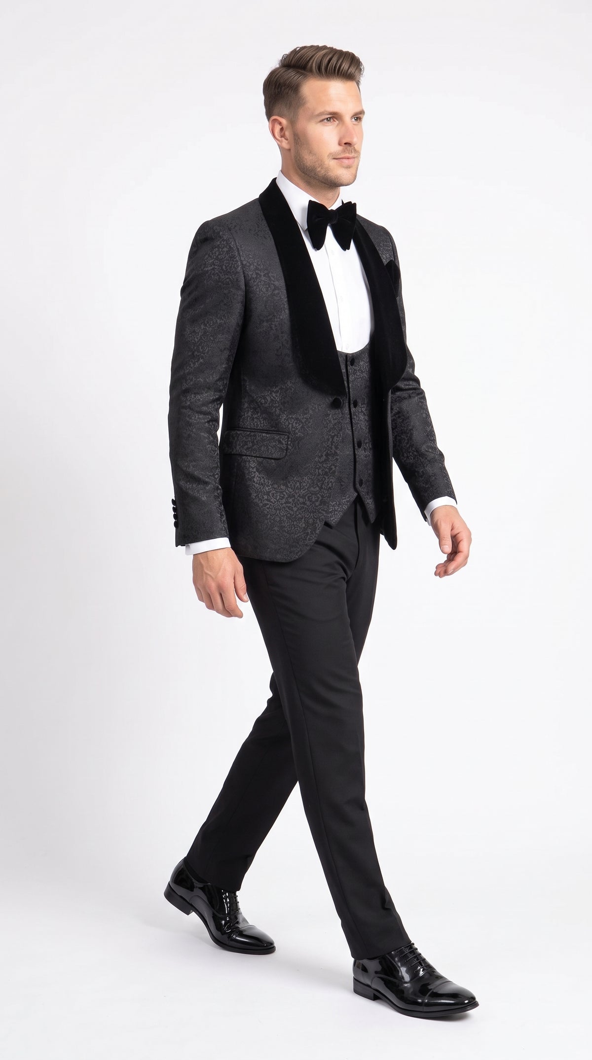 Rossi Man RM1446 Men’s Black Floral Jacquard 3 Piece Smoking Tuxedo Suit, Velvet Shawl Lapel Wedding Prom Suit