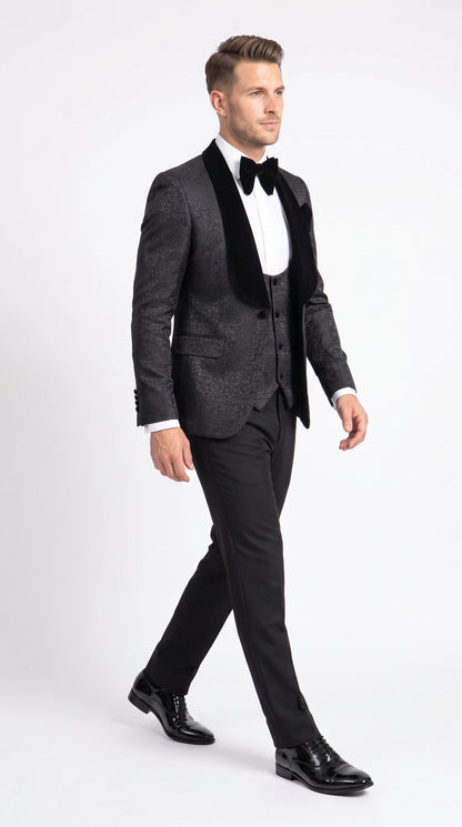 Rossi Man RM1446 Men’s Black Floral Jacquard 3 Piece Smoking Tuxedo Suit, Velvet Shawl Lapel Wedding Prom Suit