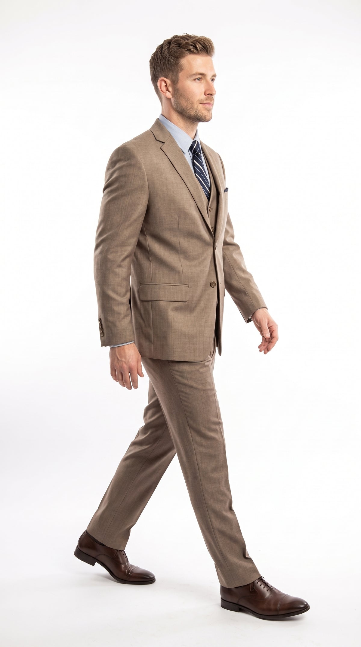 Men’s Tan Classic Fit 3 Piece Suit, Two Button Formal Wedding Business Suit with Vest