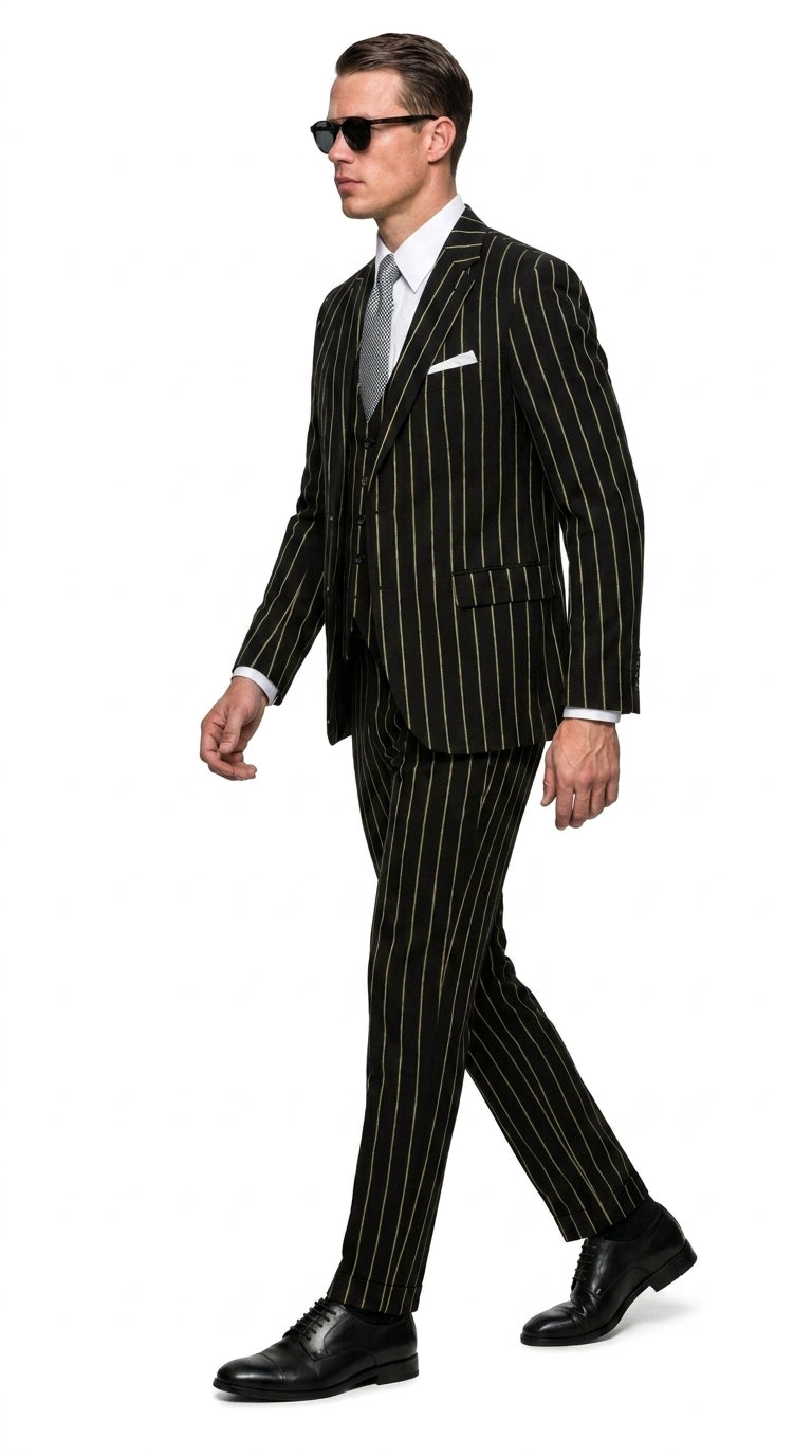 Men’s Black Gangster Pinstripe Suit, 2 Button Vintage 1920s Formal Dress Suit