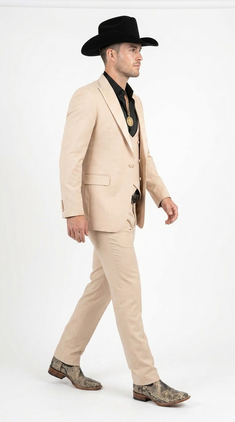 Men’s Light Beige Western 3 Piece Suit, Cowboy Tuxedo with Shawl Lapel