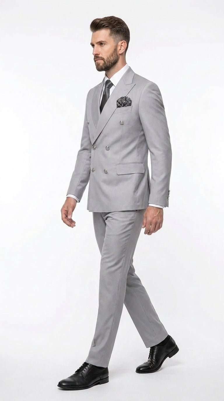 Rossi Man Men’s Silver Double Breasted Suit, Modern Fit Formal Wedding Prom Business Suit