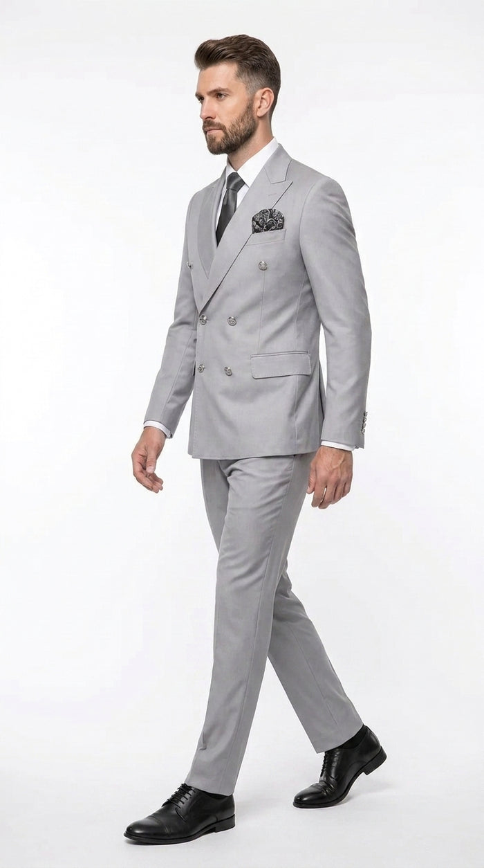 Rossi Man Men’s Silver Double Breasted Suit, Modern Fit Formal Wedding Prom Business Suit