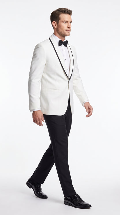 Men’s White and Black Trim Prom Tuxedo Suit, Shawl Collar Wedding Jacket with Pants and Vest