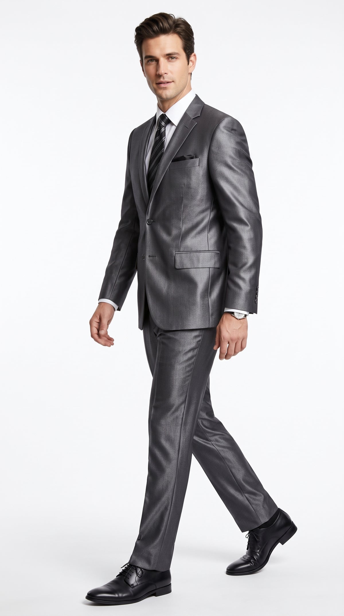 Men’s Gray Silver Sharkskin Suit, Slim Fit Shiny Formal Wedding Business Suit