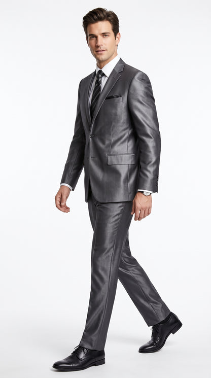 Men’s Gray Silver Sharkskin Suit, Slim Fit Shiny Formal Wedding Business Suit