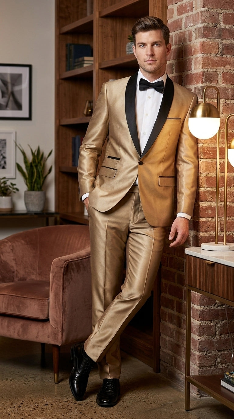 Men’s Champagne 2-Piece Tuxedo Suit with Black Shawl Lapel – Wedding & Prom