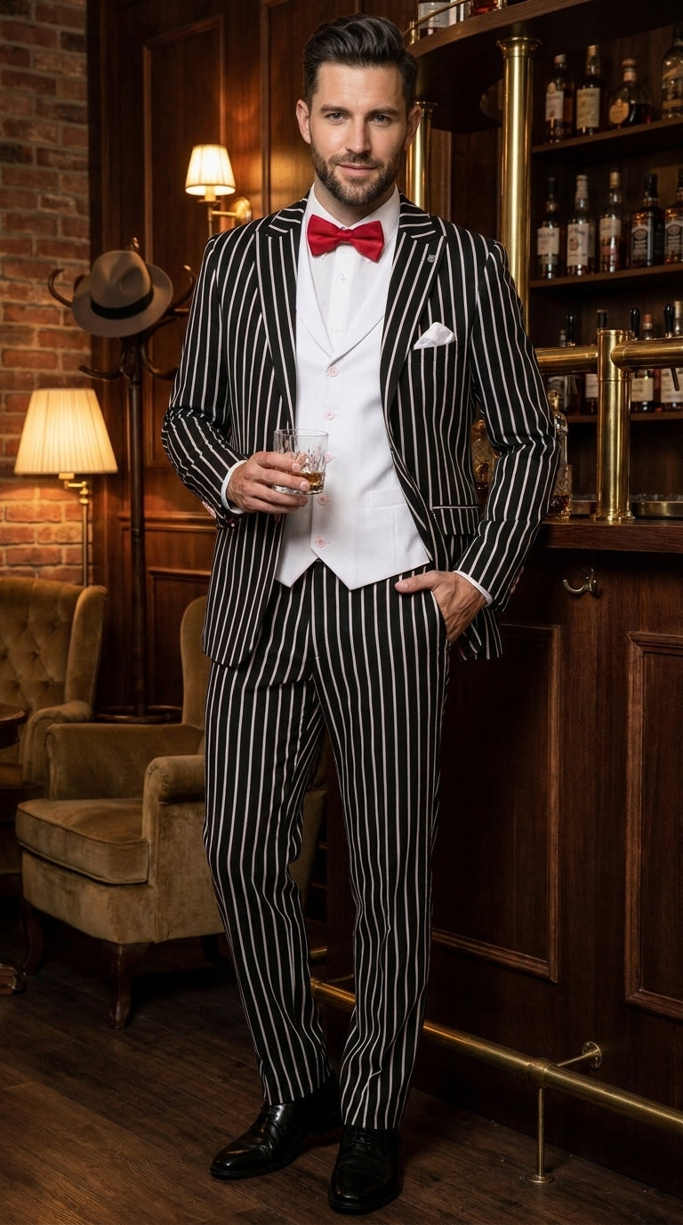 Men’s Black 1920s Bold Pinstripe Gangster Suit with Vest, Vintage Formal Party Dress Suit