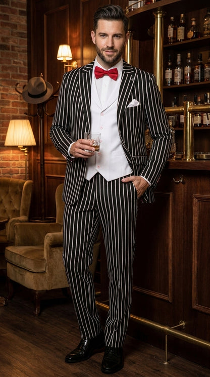 Men’s Black 1920s Bold Pinstripe Gangster Suit with Vest, Vintage Formal Party Dress Suit