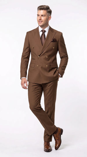 Rossi Man Men’s Brown Double Breasted Suit, Modern Fit Formal Wedding Business Dress Suit