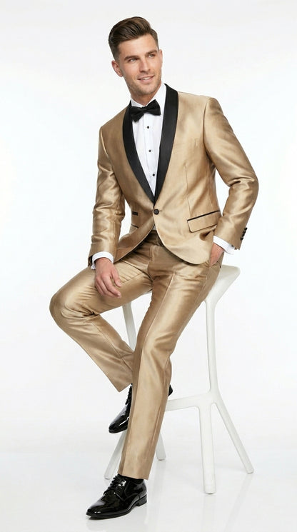 Men’s Gold Shiny Sharkskin Tuxedo with One Button Jacket, Black Shawl Lapel and Matching Pants