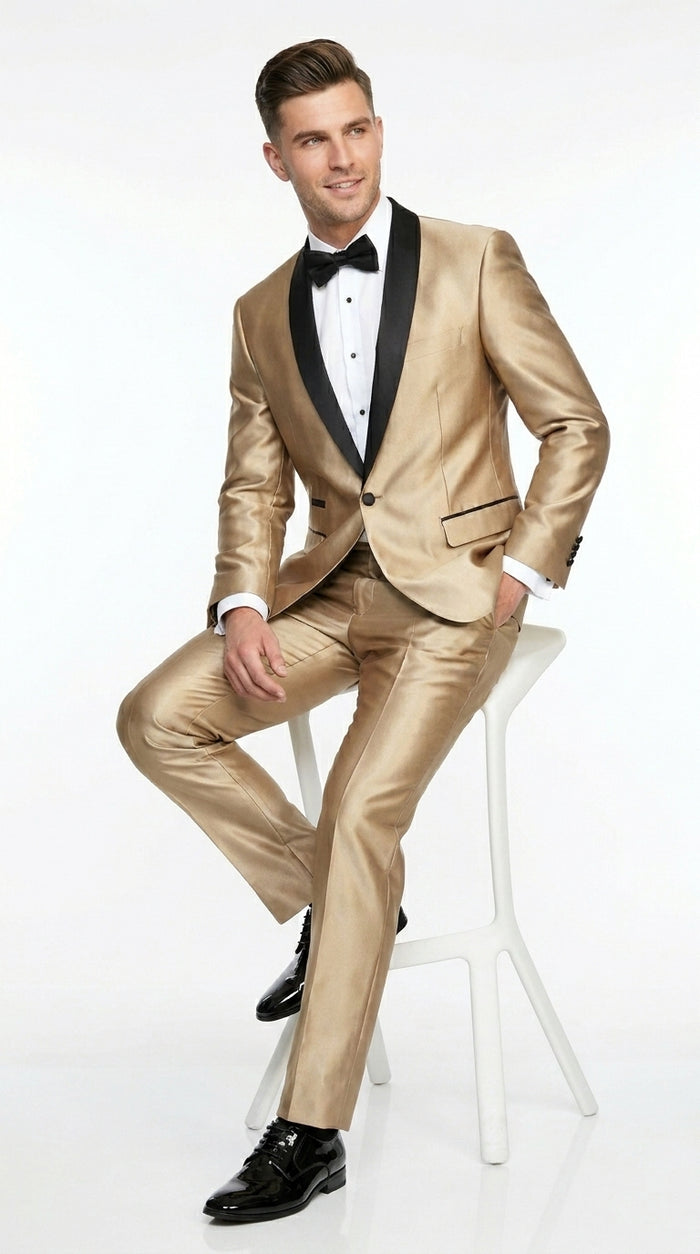 Men’s Gold Shiny Sharkskin Tuxedo with One Button Jacket, Black Shawl Lapel and Matching Pants