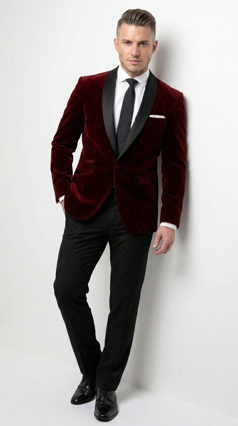 Men's One Button Velvet Shawl BMen’s Burgundy Velvet One Button Tuxedo Jacket, Black Shawl Collar Formal Dinner Blazer for Weddings, Prom, Parties, and Special Occasionsurgundy Collar Tuxedo Jacket