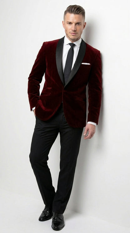 Men's One Button Velvet Shawl BMen’s Burgundy Velvet One Button Tuxedo Jacket, Black Shawl Collar Formal Dinner Blazer for Weddings, Prom, Parties, and Special Occasionsurgundy Collar Tuxedo Jacket