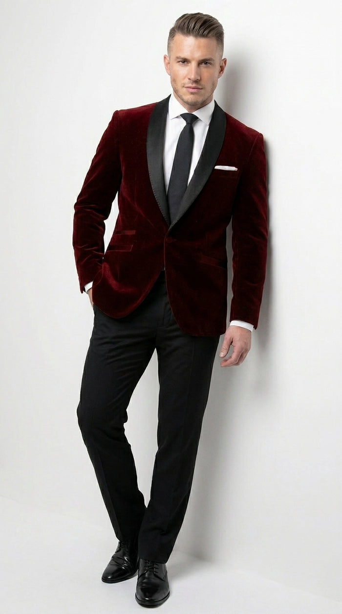 Men's One Button Velvet Shawl BMen’s Burgundy Velvet One Button Tuxedo Jacket, Black Shawl Collar Formal Dinner Blazer for Weddings, Prom, Parties, and Special Occasionsurgundy Collar Tuxedo Jacket