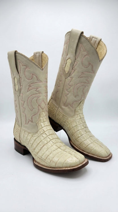 Men’s Winter White Caiman Tail Square Toe Cowboy Boots – Exotic Western Dress Boots