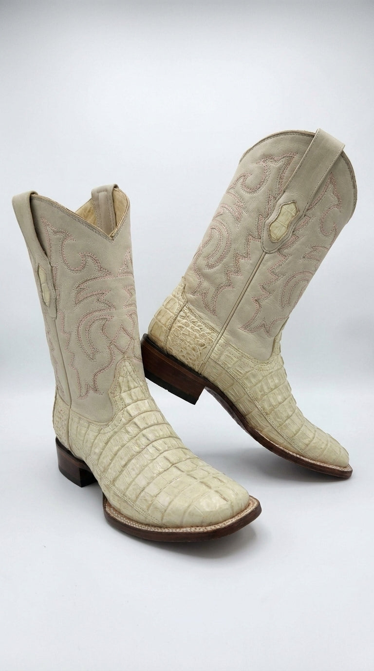 Men’s Winter White Caiman Tail Square Toe Cowboy Boots – Exotic Western Dress Boots