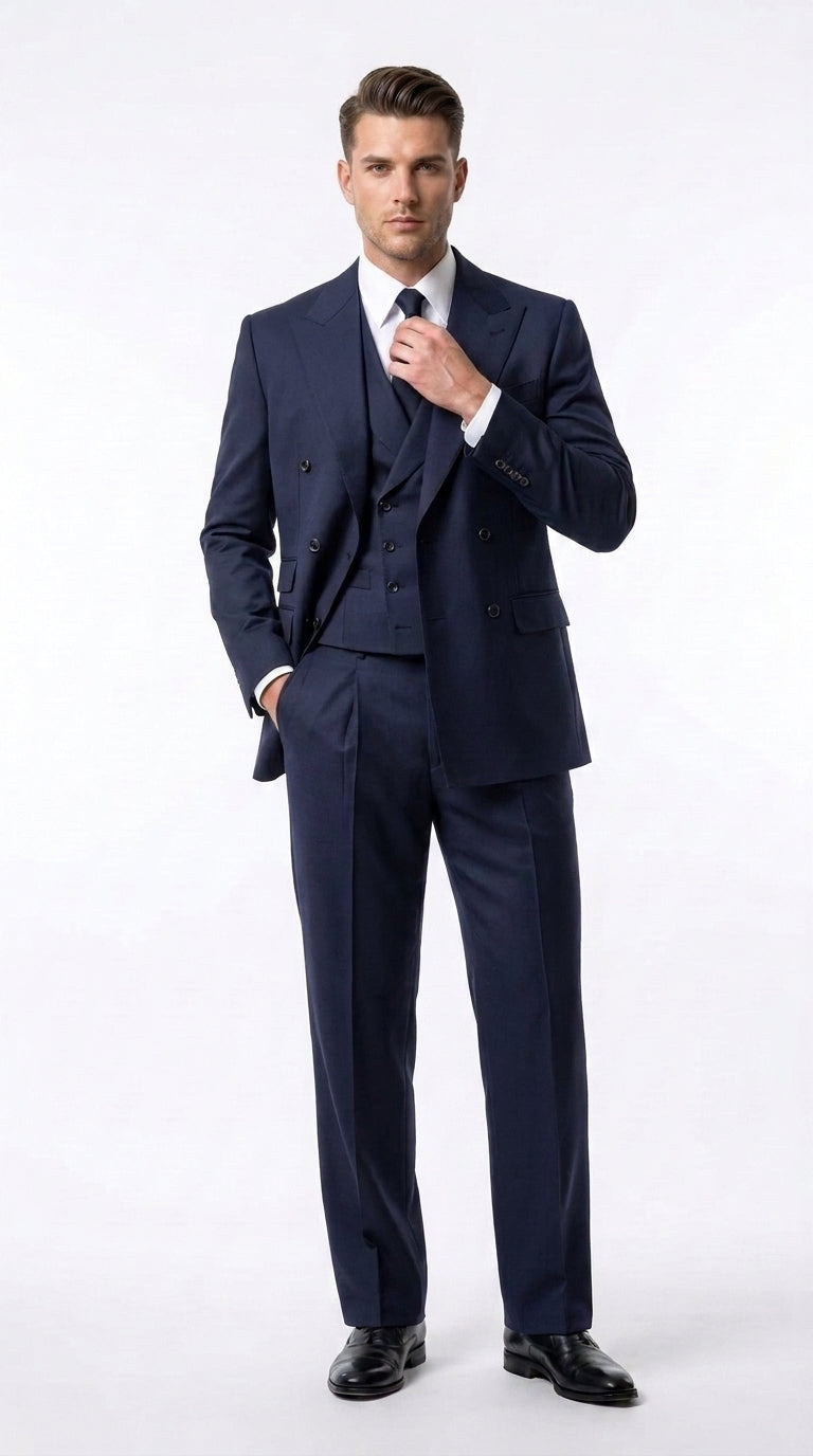 Tiglio Rosso Men’s Gray Super 150’s Italian Wool 3-Piece Suit – Double-Breasted Jacket, Vest and Wide-Leg Pants