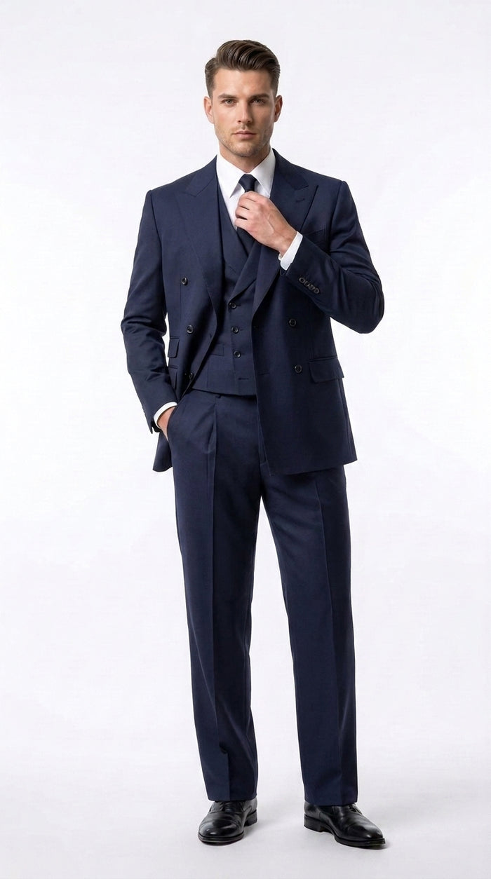 Tiglio Rosso Men’s Gray Super 150’s Italian Wool 3-Piece Suit – Double-Breasted Jacket, Vest and Wide-Leg Pants