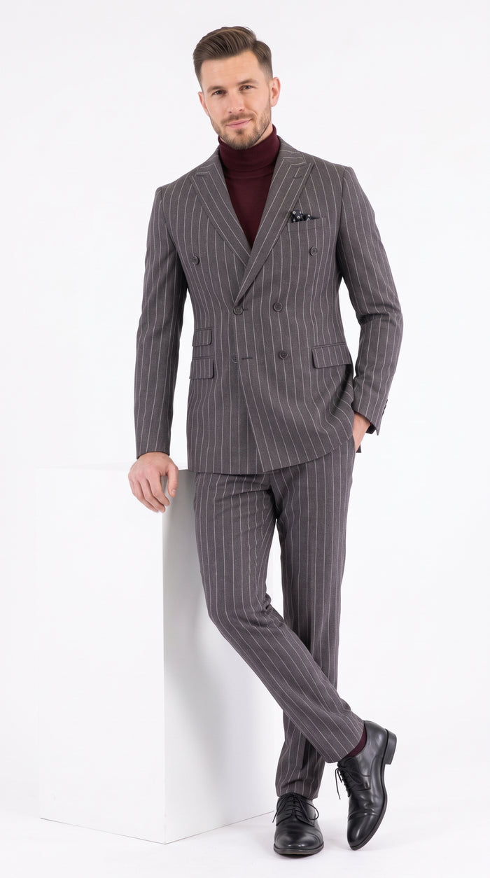Newbury Men’s Gray Pinstripe Double Breasted Suit, Peak Lapel Formal Wedding Business Suit