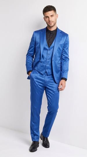 Men's Royal Blue Shiny Satin 3-Piece Suit – Luxury Vested Wedding Prom Party Formal Suit