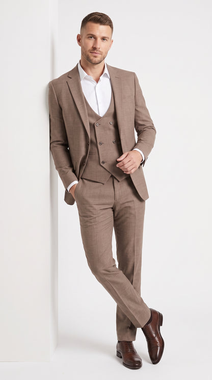 Men’s Dark Tan Mocha 3 Piece Wedding Suit, Double Breasted Vest Formal Groom and Groomsmen Suit