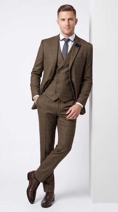 Men’s Taupe Brown Plaid 3 Piece Suit, Double Breasted Vest V2RW-13 Formal Wedding Suit