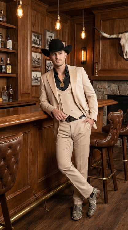 Men’s Light Beige Western 3 Piece Suit, Cowboy Tuxedo with Shawl Lapel