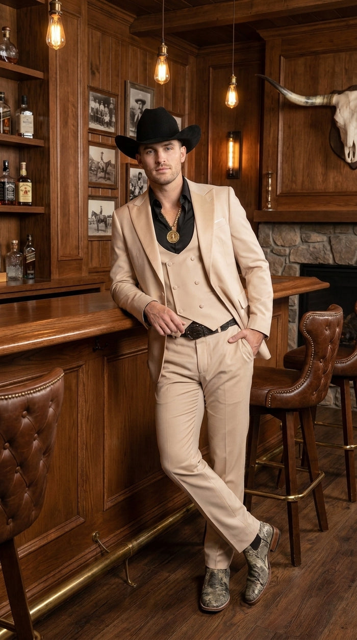 Men’s Light Beige Western 3 Piece Suit, Cowboy Tuxedo with Shawl Lapel