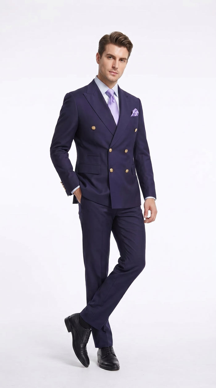 Rossi Man Men’s Purple Double Breasted Suit, Modern Fit Formal Wedding Business Dress Suit