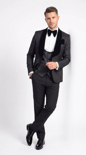 Rossi Man RM1446 Men’s Black Floral Jacquard 3 Piece Smoking Tuxedo Suit, Velvet Shawl Lapel Wedding Prom Suit