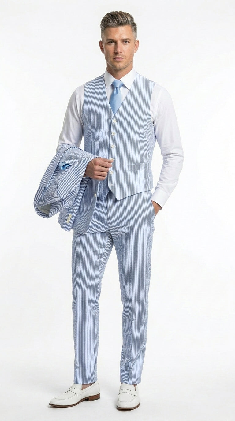 38 Men's Light Blue Seersucker Jacket + Pants Suit with 2 Button Jacket, Summer Wedding Formal Dress Suit