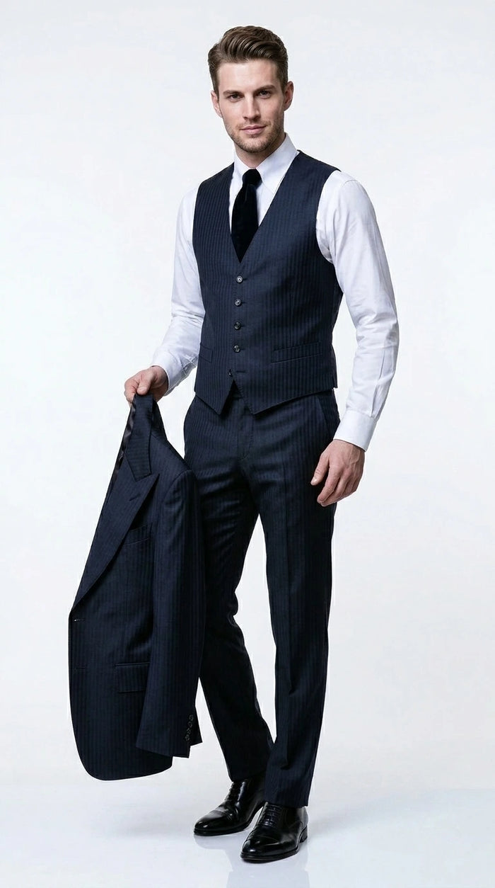 Men’s Navy Herringbone Textured 3 Piece Suit Set, Classic Formal Blazer, Waistcoat and Trouser Outfit