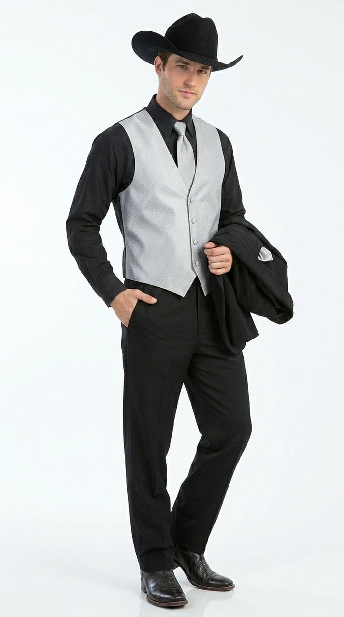 Men’s Black 2 Button Trim Cowboy Suit with Silver Waistcoat, Country Wedding Formal Suit Set