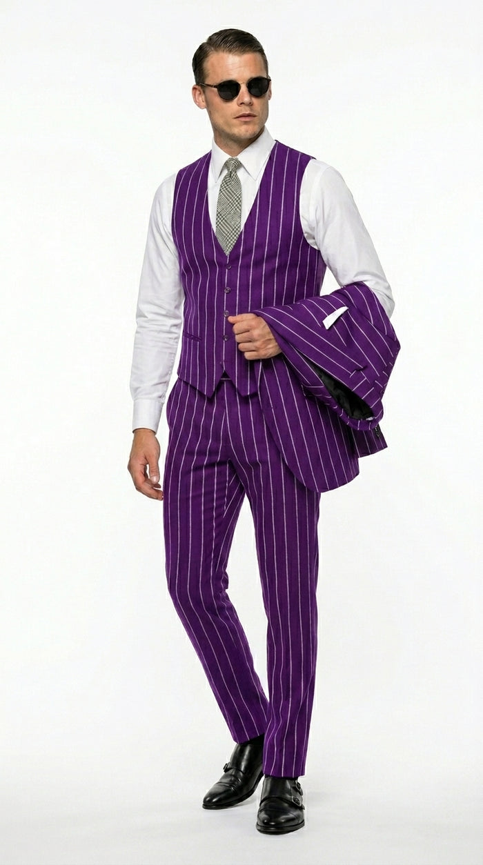 Men’s Purple Pinstripe 1920s Gangster Suit, Vintage Formal 3 Piece Wedding Prom Suit Set