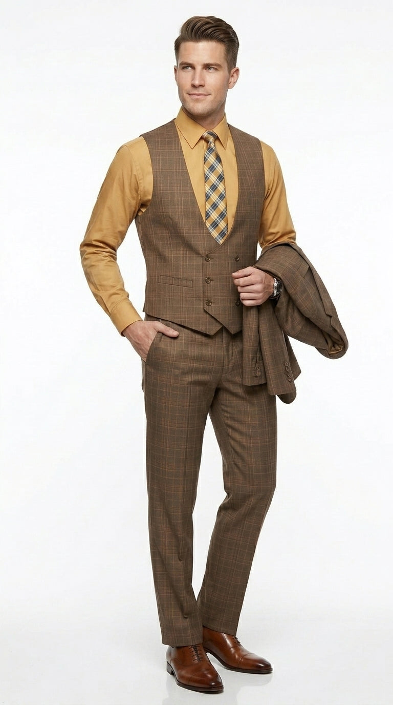 Men’s Brown Windowpane Plaid 3 Piece Suit, Two Button Peak Lapel Classic Formal Suit Set
