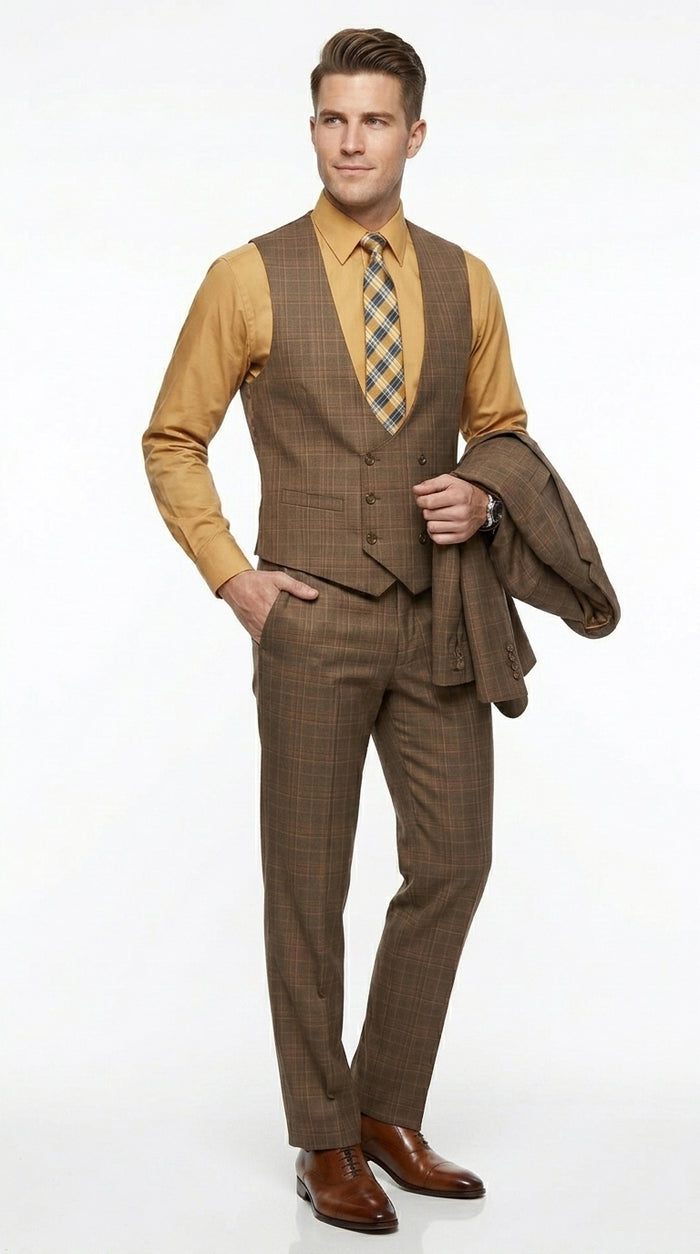 Men’s Brown Windowpane Plaid 3 Piece Suit, Two Button Peak Lapel Classic Formal Suit Set