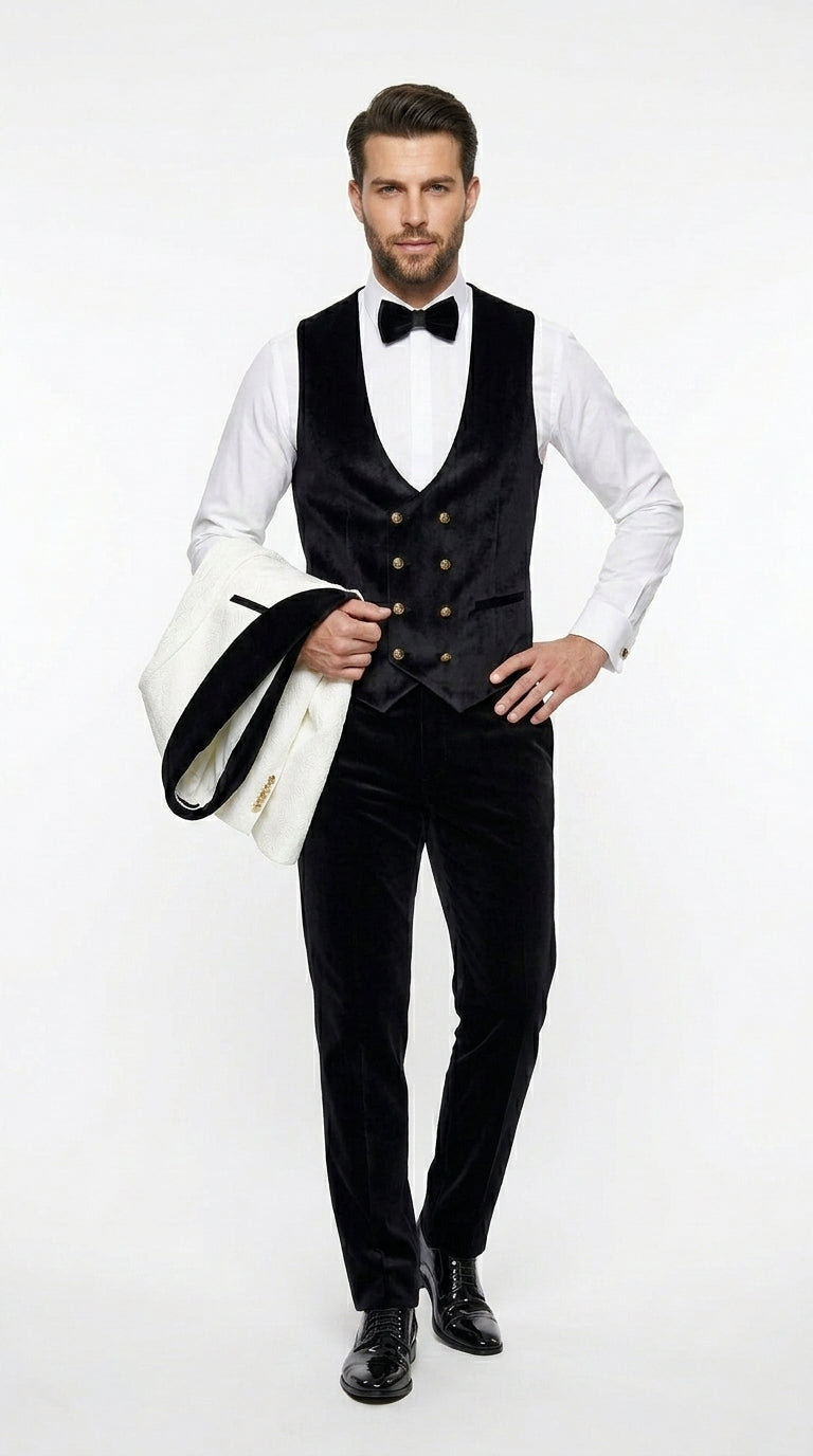 Men’s White Paisley 4 Piece Groom Wedding Suit with Black Velvet Shawl Collar and Matching Bowtie