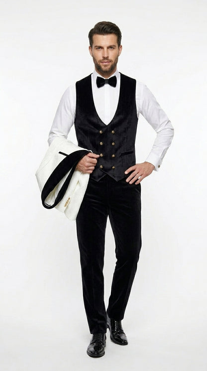 Men’s White Paisley 4 Piece Groom Wedding Suit with Black Velvet Shawl Collar and Matching Bowtie