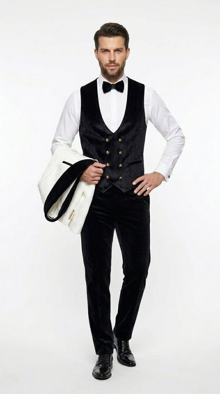 Men’s White Paisley 4 Piece Groom Wedding Suit with Black Velvet Shawl Collar and Matching Bowtie