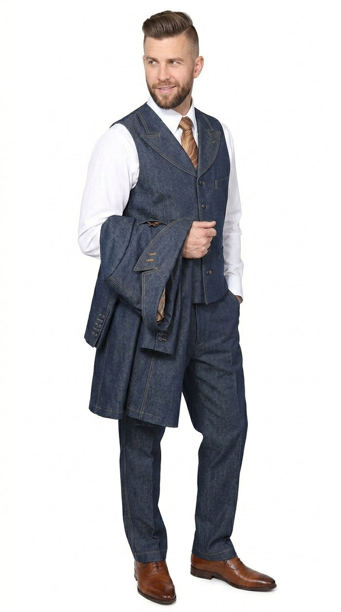 Men’s Blue Denim Zoot Suit, Long Vested Vintage Jeans Style Formal Suit Set
